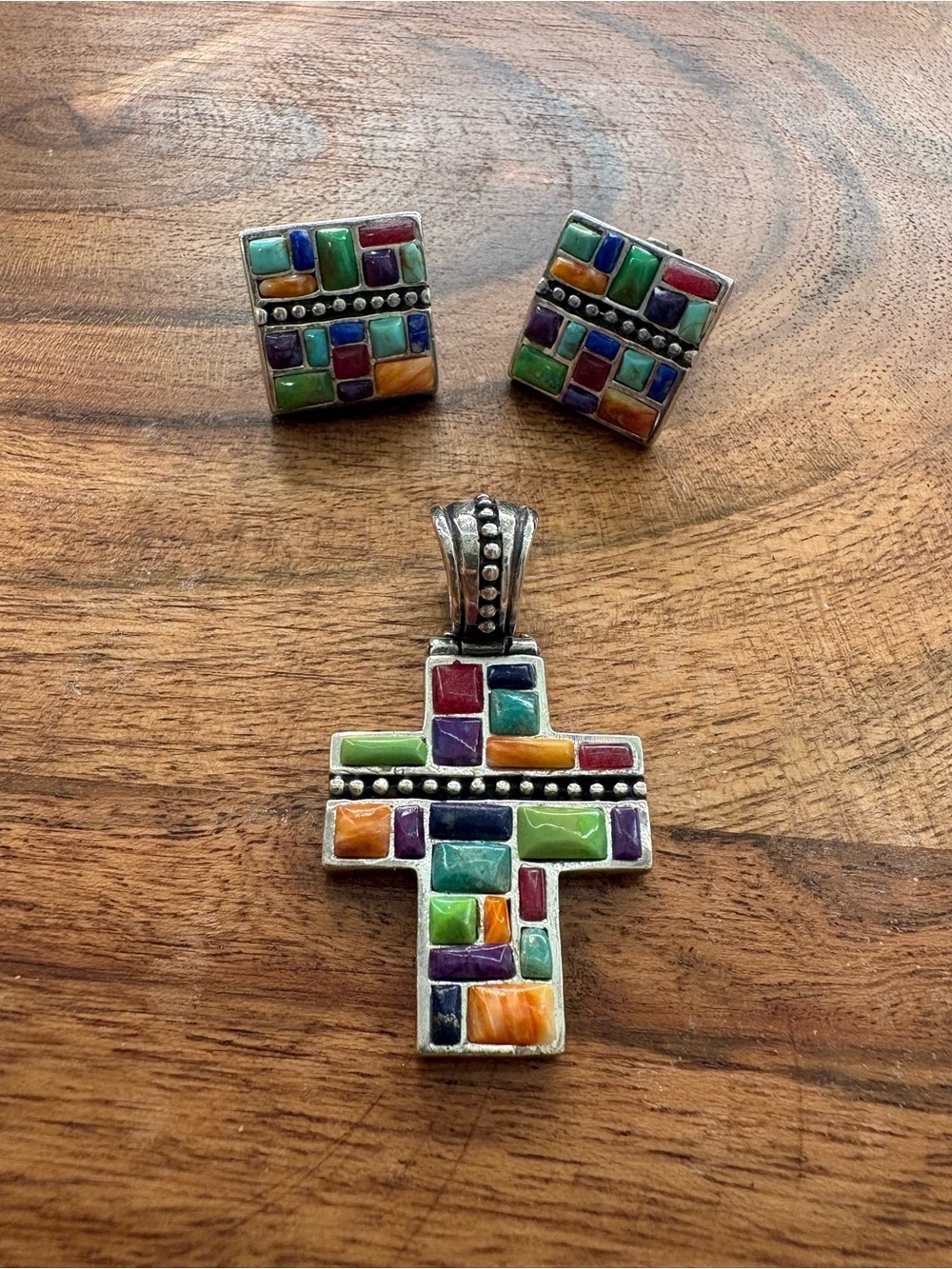Southwestern Inspired Sterling Silver Mosaic Cross Pendant & Clip-On Earrings
